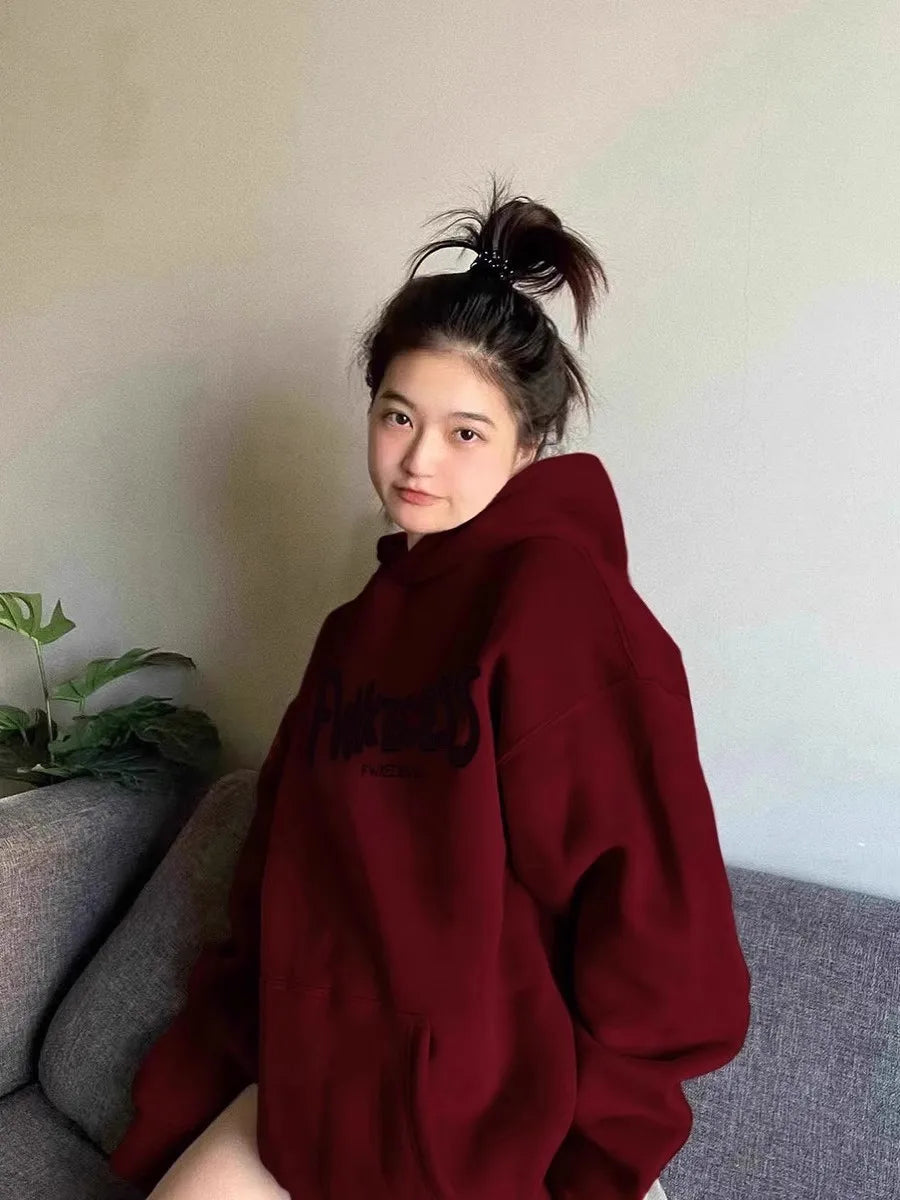 Burgundy Retro Sweatshirt Women's American Lazy Style Autumn and Winter oversize Design Spring Hooded Niche Jacket