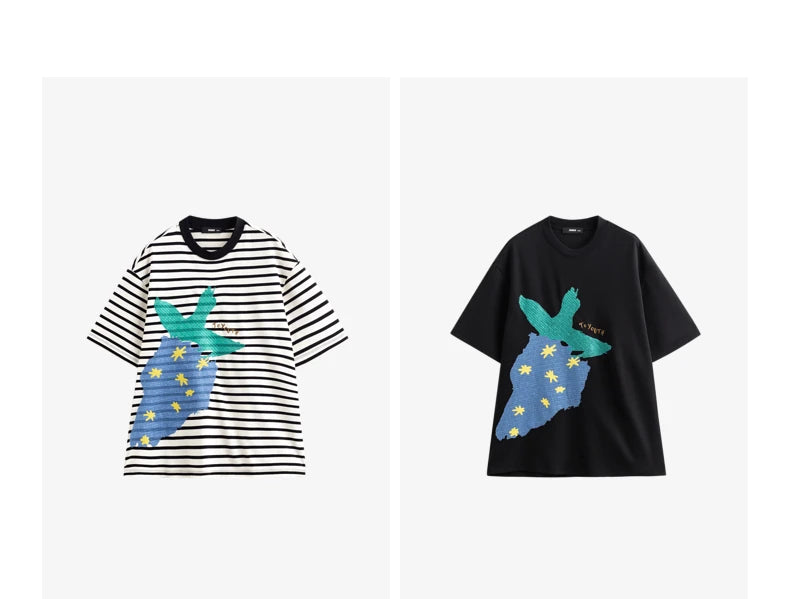 TOYOUTH Women Short Sleeve T-shirt 2025 Spring New Striped Strawberry Embroidered Round Neck Loose Pullover Tops