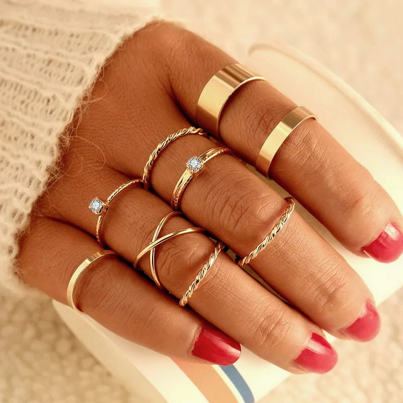 Vintage Shiny Zircon Butterfly Heart Ring Set Gold Color Boho Elegant Eyes Moon Geometric Rings Women Party Jewelry