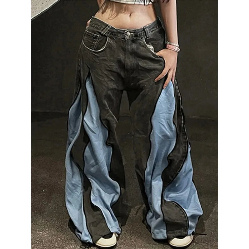 Women's Hip Hop Two-tone Patchwork Low Rise Zipper Denim Pants Baggy Wide Leg Dragging Designer Trousers High Street Jeans Pants