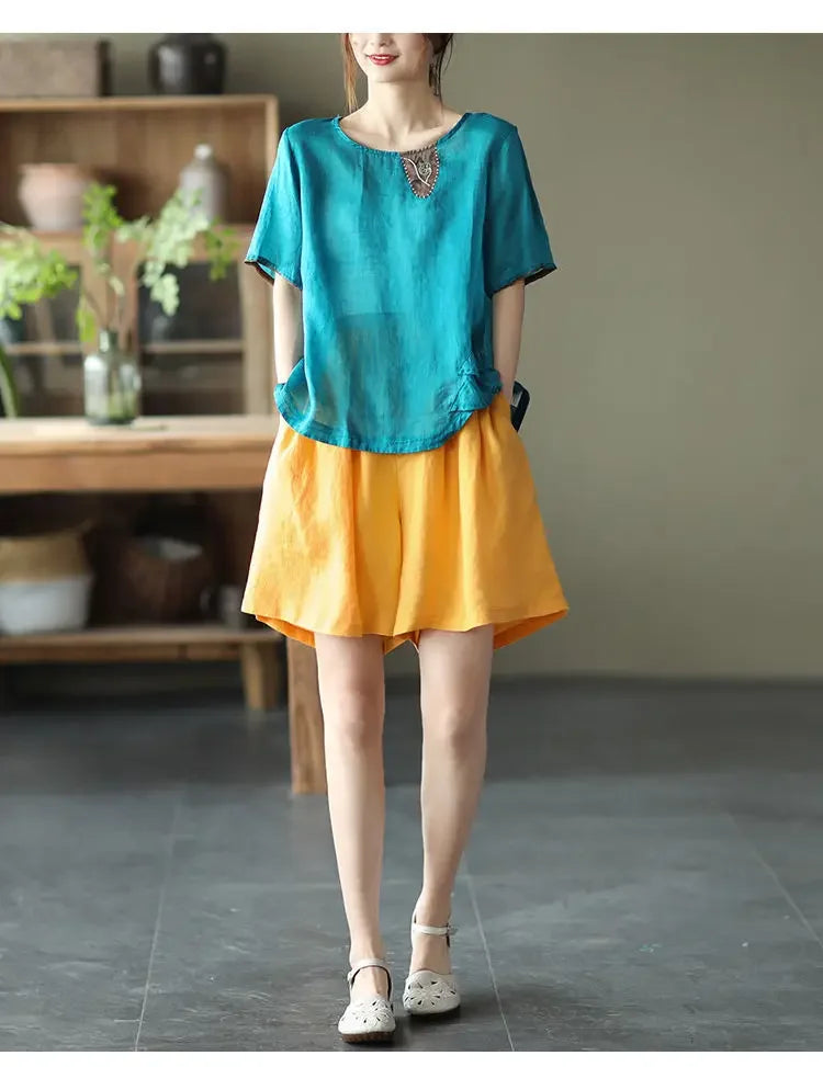 Vintageartistic High-waisted Slimming Cotton Linen Shorts For Women Casual Loose-fit Bell Bottoms 2024 New Style