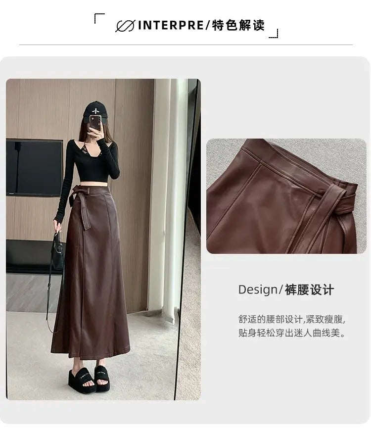 Women Clothing Autumn Winter Vintage Elegant Lace-up PU Leather Long Skirts Female Red High Waist Slim A-line Maxi Skirt Faldas