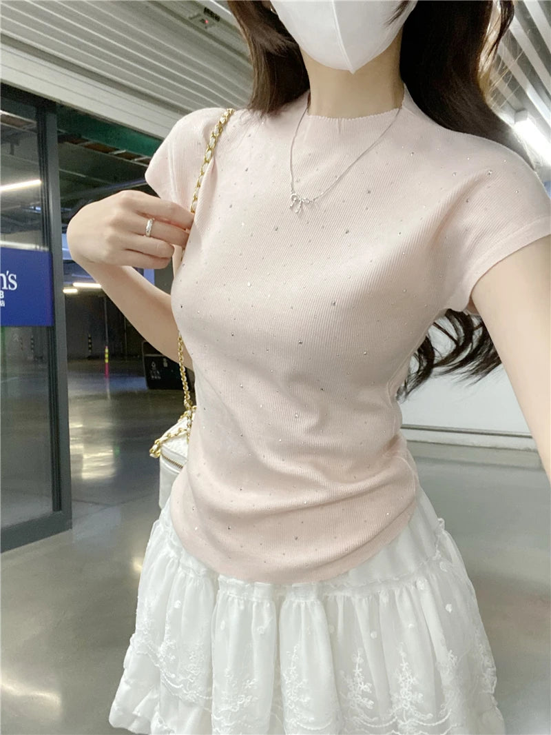 Blue Bead Knitted Top Women's Slim Fit ort Sve round Ne T-irt Summer 2025 New Design Commute Sle Knittedwear