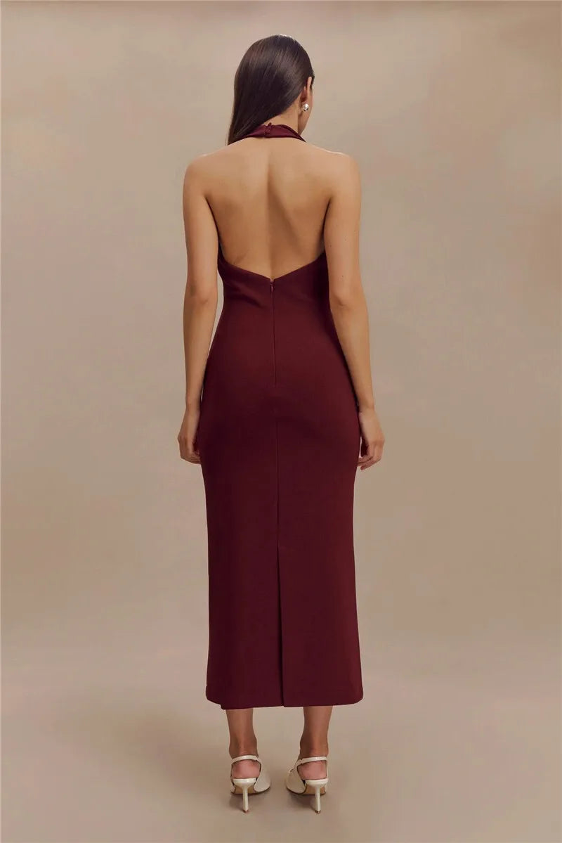 Mozision Halter Deep V Neck Sleeveless Sexy Maxi Dress For Women Elegant Backless Bodycon Tank Dress Femme Fashion Long Dress