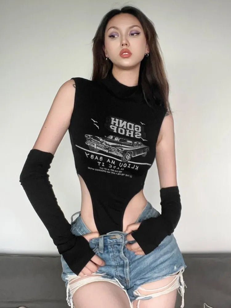 Summer American Retro Sexy Punk Y2K Grunge Cartoon Letter Printing Bodysuit Women Streetwear Slim Vest Bodycon Tops Jumpsuits