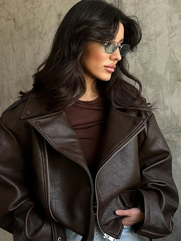 With Belt Leather Jacket Coat Lace Up Waist Cinched Suit Collar Slimming Zipper Biker Jackets Outwear Women Overcoat Streetwear