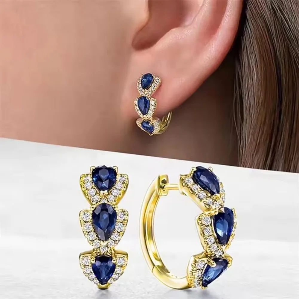 925 Sterling Silver Luxury Trendy Blue Cubic Zirconia Hoop Earrings Wedding Party Elegant Accessories for Women Jewelry Gift
