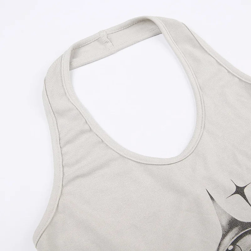 Top Women Y2k Devil's Eyes Retro Print Hanging Neck Suspender Vest Women's Summer Korean Fashion Slim And Slimming Short Top