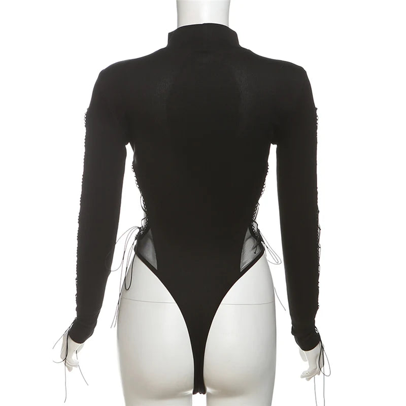 SylCue Irregular Hollow Solid Skinny Bodysuit Women Turtleneck Shirring Full Sleeve Spicy Girl Fashion Trend Classic Streetwear