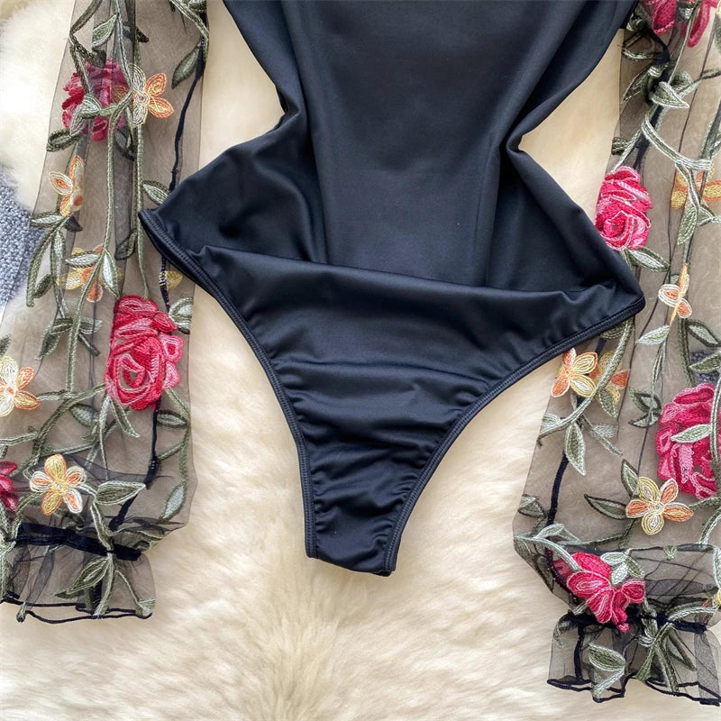 Women's Black Gothic Vintage Jumpsuits Y2k Harajuku Embroidery Overalls Korean Aesthetic 2000s Exotic Sexy Mesh Rompers Clothes