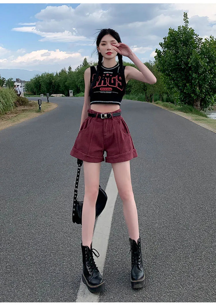 Women's Wine Red Denim Shorts High Waist Wide Shorts Harajuku Streetwear Korean Style Y2k Casual Blue A Line Jean Shorts Summer