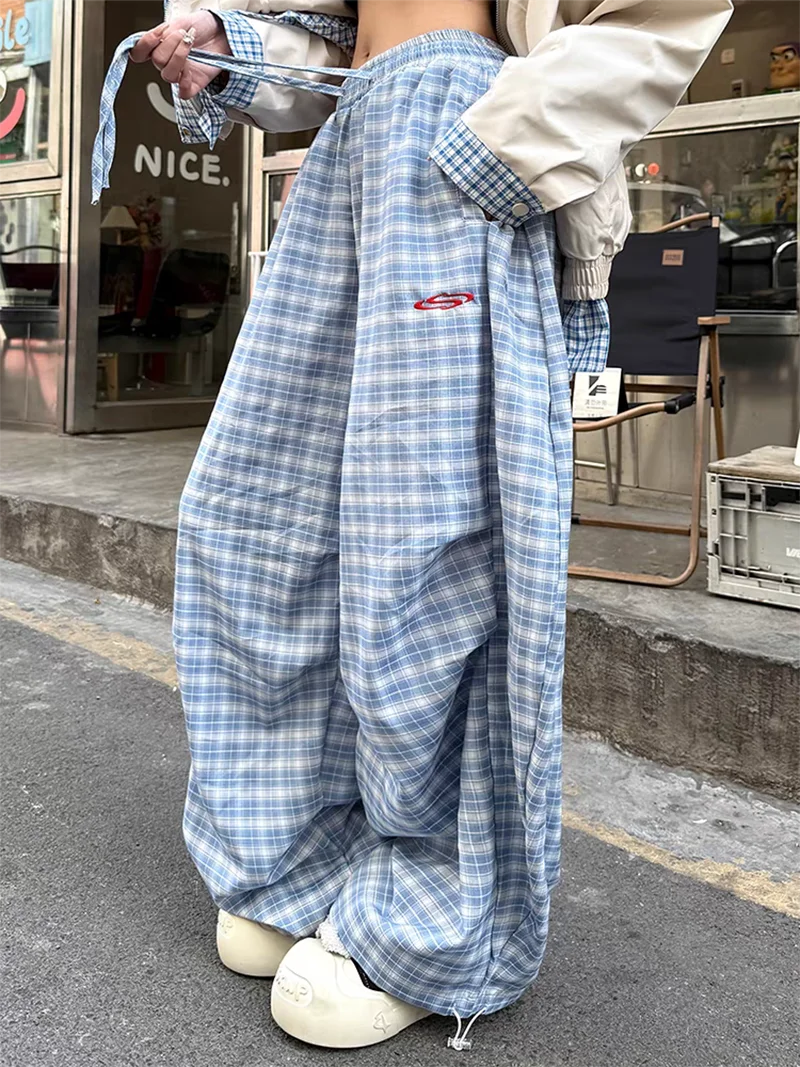 Zoki Streetwear Y2K Plaid Pants Women Vintage American High Waist Scimitar Pants Harajuku Oversize Loose Bf Casual Trousers New