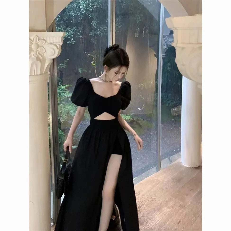 Short Puff Sleeve Black Dress Women Hollow Out Design Split Square Collar Temper Korean Style Fashion Ladies Attractive Ulzzang