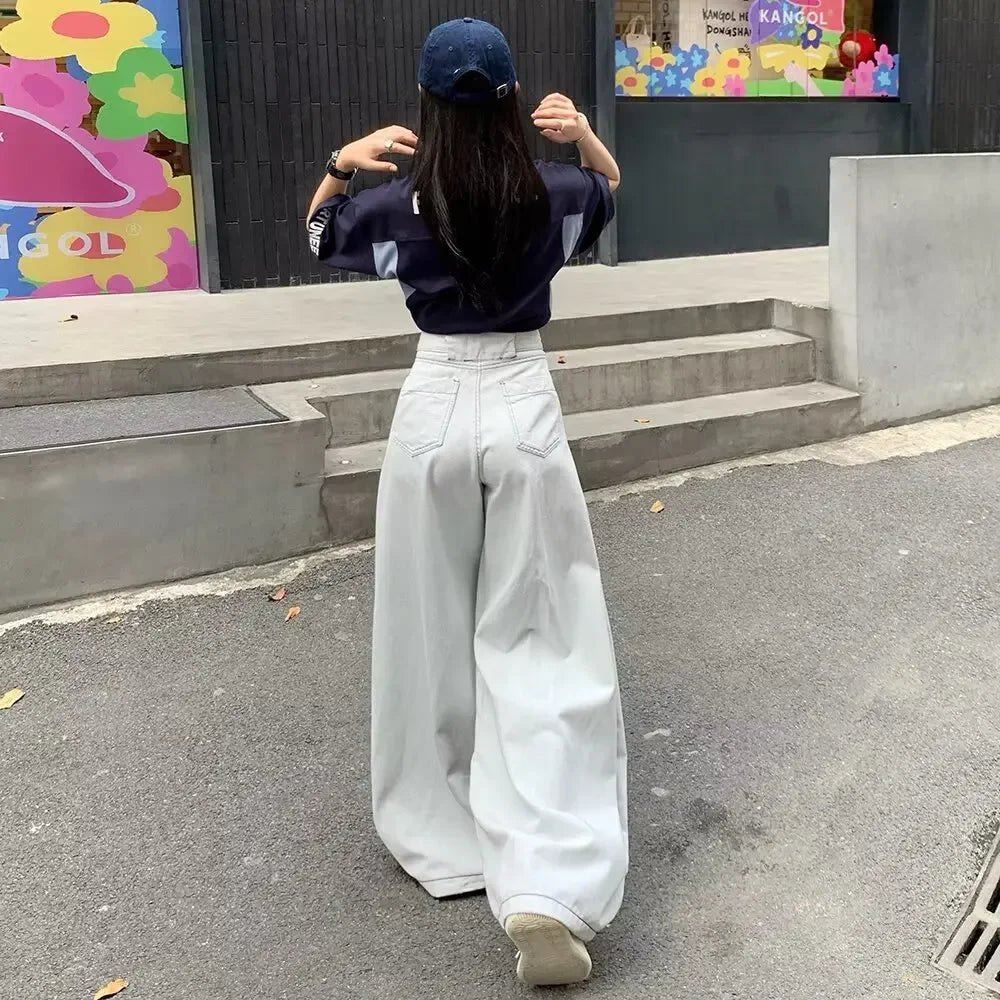 Men's Summer High Waist Straight Leg Jeans Slimming Loose Wide Leg Pants Retro Knife Edge Design Casual Fashion