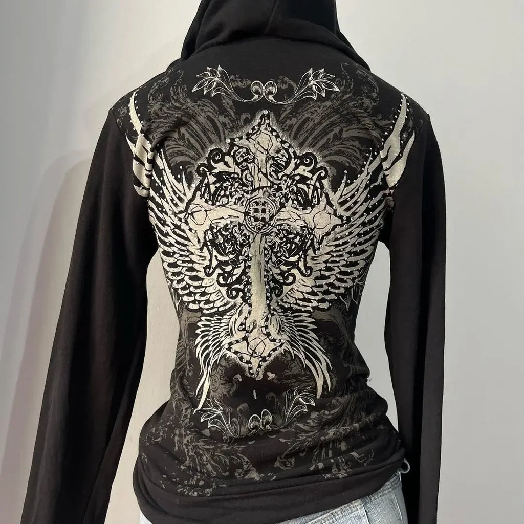 New gothic rhinestone print hip hop Harajuku zipper hoodie American retro design classic punk slim hottie black jacket y2k