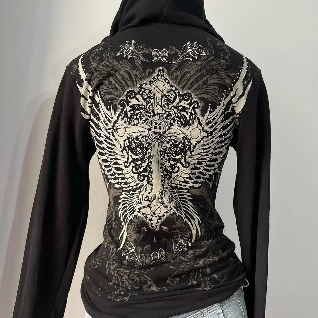 New gothic rhinestone print hip hop Harajuku zipper hoodie American retro design classic punk slim hottie black jacket y2k
