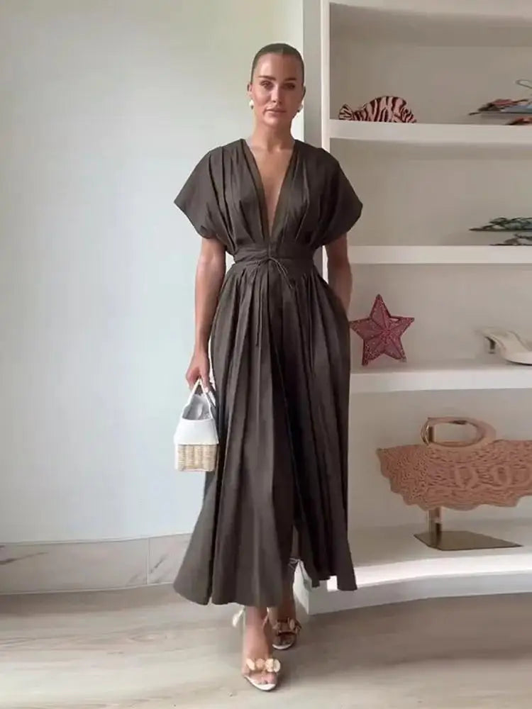 Summer Pleated A-line Midi Dress Women's Casual Lace Up Loose High Waist Solid Robes 2025 Office Lady Commute Street Vestidos