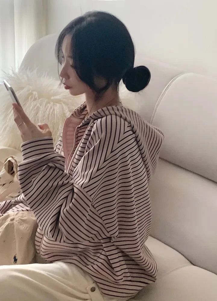 Spring 2025 Women's Chic Loose Casual Lazy Sle Striped Hooded Jaet with ket Open Cardigan Sweatirt Comfortable Fit