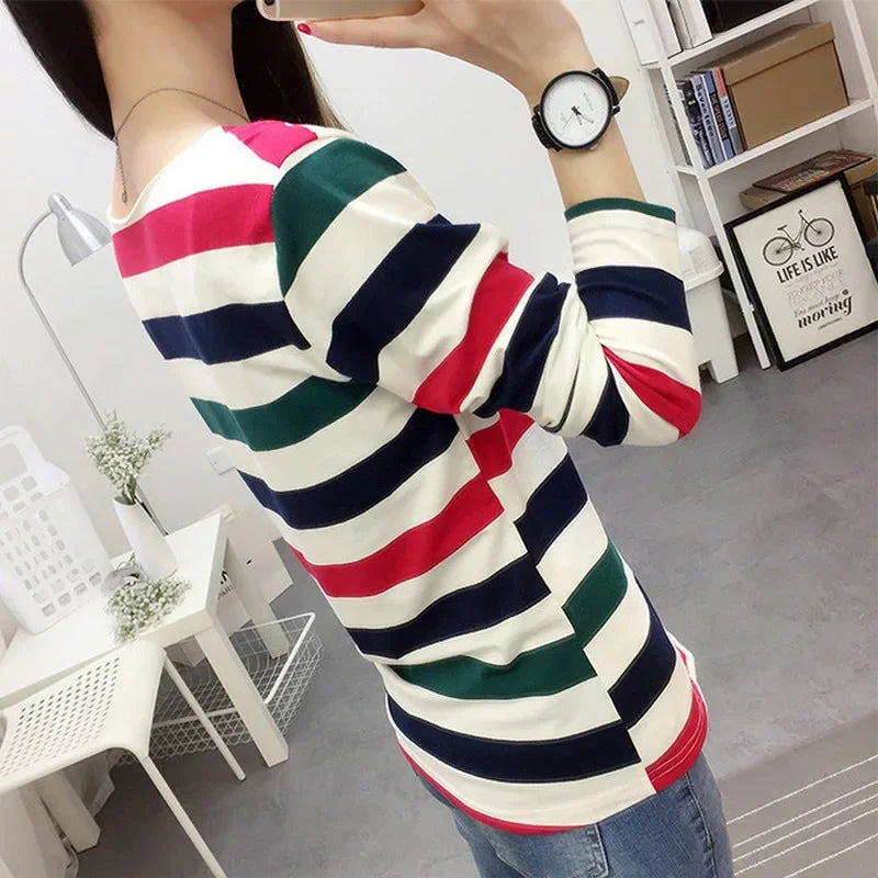 Korean Style Spring Autumn Women's T-shirt New Stripe Long Sleeve Top Slimming Base Layer Inner Outer Wear V-neck