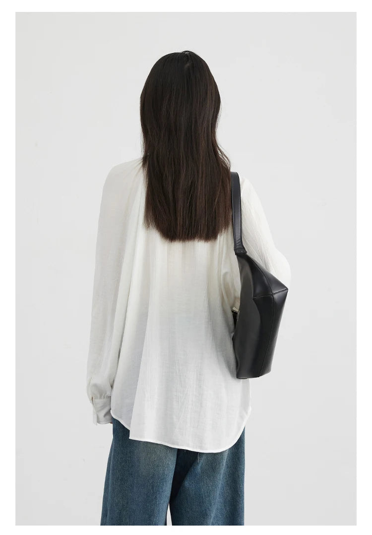 CHIC VEN Women Loose Lace Up Shirt Solid New Korean V-neck Pleated Raglan Long Sleeved Blouses Female Tops Spring Summer 2025