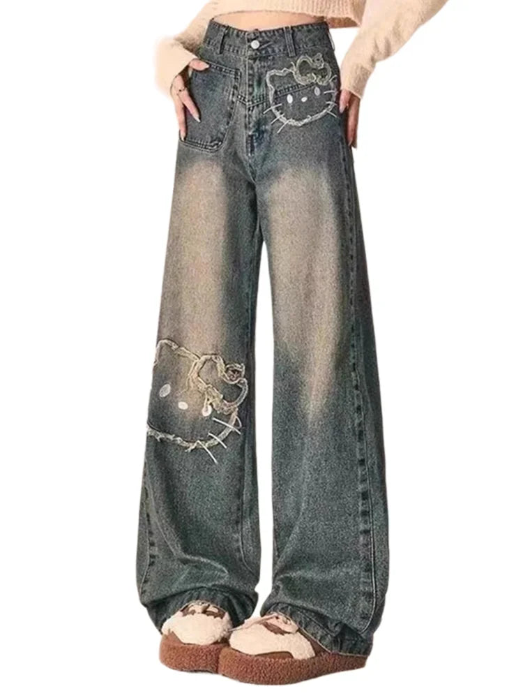 Sanrio Hello Kitty Retro Embroidered Jeans Cartoon Anime Female Loose Comfortable Wide Leg Pants Kawaii Gift