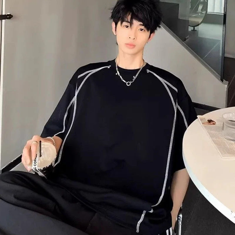 Baggy Male Tees Shirts Black Plain Five-point Sleeve Men's T-shirt Luxury High Quality Aesthetic Clothing Y2k Tops Fashion Party