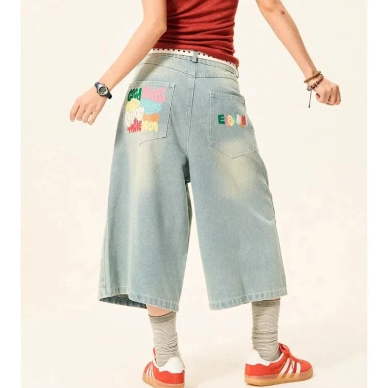 Summer High Street Letter Printing Washing Denim Shorts Men and Women American Retro Casual Loose Straight Cropped Pants Trendy