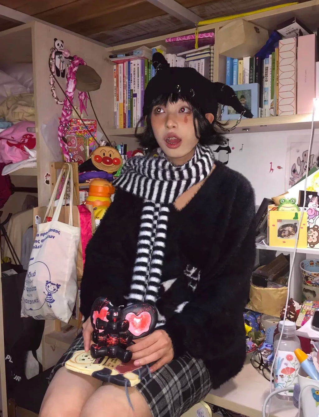 Karrram Gothic Skulls Sweater Grunge Dark Aesthetics Knitted Jumper V-neck Harajuku Loose Mohair Pullover Emo Alt Knitwear Y2k