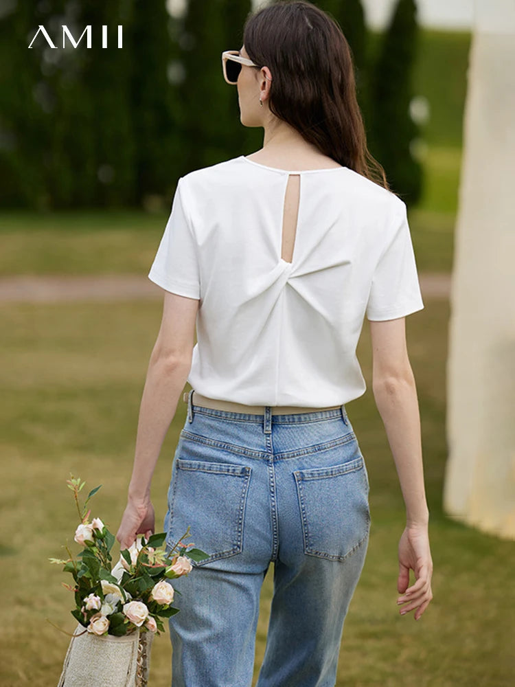 AMII Minimalism 100% Cotton Hollow Out Solid Short Sleeves Tees 2025 Spring New V Neck Top Women Casual Female T Shirt 12342289