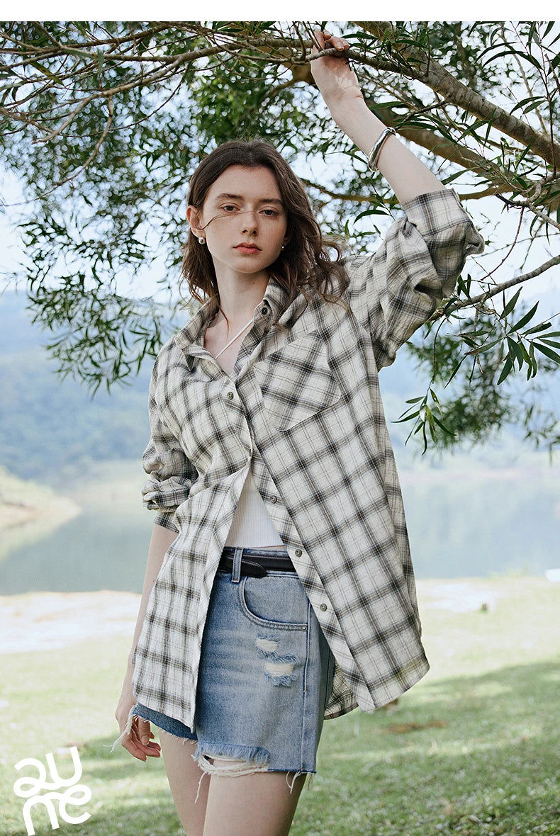TOYOUTH Women Long Sleeve Blouse Shirt 2025 Spring New Cotton Plaid Retro Turn Down Collar Casual Shirt Tops