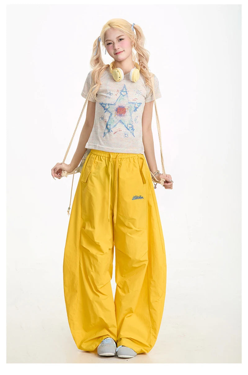 Zoki Streetwear Yellow Cargo Pants Women Vintage Letter High Waist Y2K Wide Leg Trousers High Quality Loose Paratrooper Pants