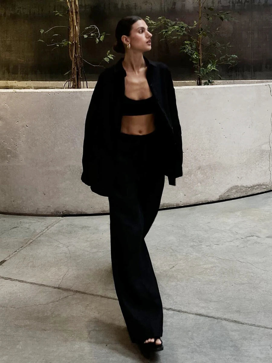 Bornladies Cotton Casual Pants Sets Women's Solid Color Cozy Lapel Long Sleeve Shirt Summer Outfit Elastic Waist Pants Suits