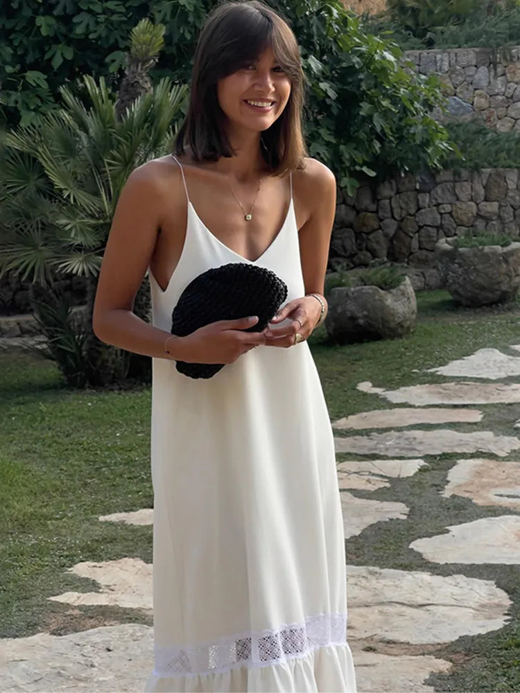 Elegant Women's Solid Backless Pleated Dress Fashion Patchwork Sleeveless Backless Long Dresses Lady Summer Holiday Beach Robes