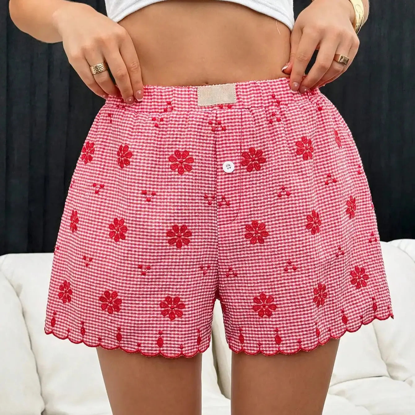 Women's Shorts Y2K High Waist Red 25 Spring Summer Plaid Button Front Ruffled Hem Casual Retro Beach Vacation Essentials