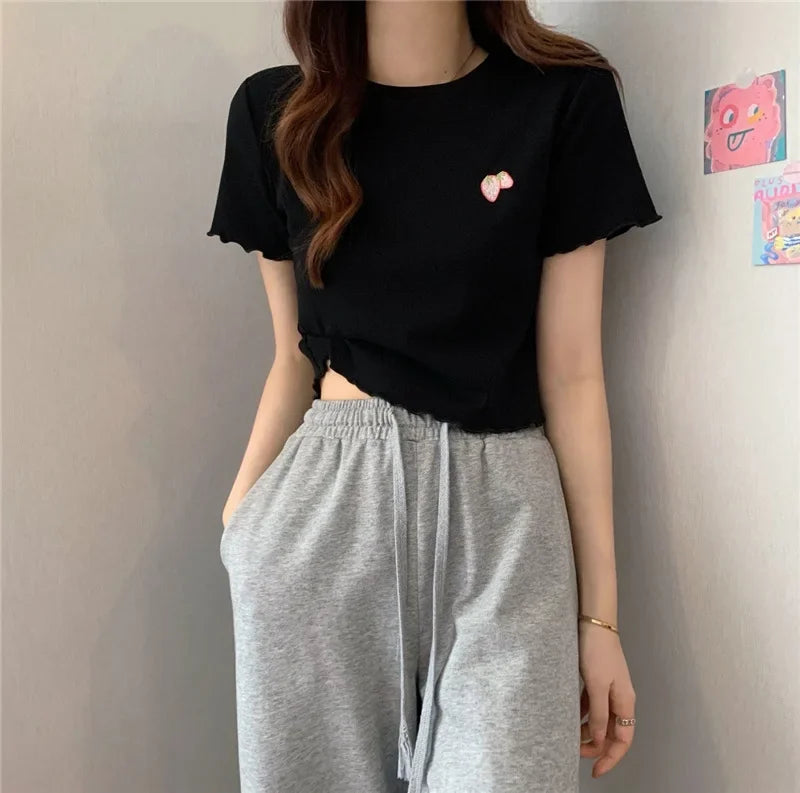 Summer Embroidered Short T-shirt Women Wooden Edge Irregular Slim Short Sleeve Top Plant Pattern Fiber Fabric Elegant Style