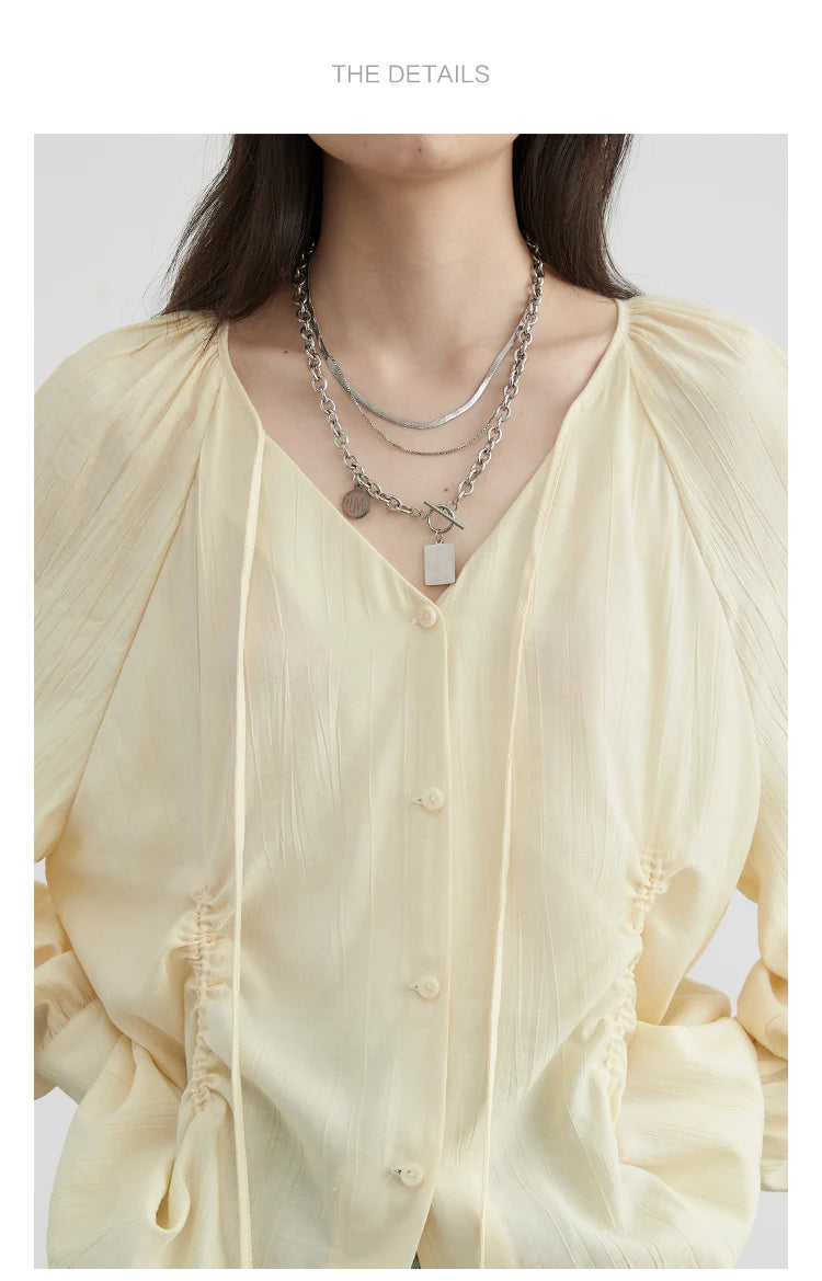 CHIC VEN Women Loose Lace Up Shirt Solid New Korean V-neck Pleated Raglan Long Sleeved Blouses Female Tops Spring Summer 2025