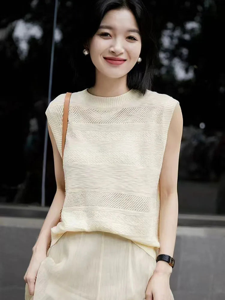 Women's Fashion Sleeveless Tees ONeckPullover Summer Worsted Wool Top Hollow Out T-Shirts Simple Elegant And Smooth Cool Comfort