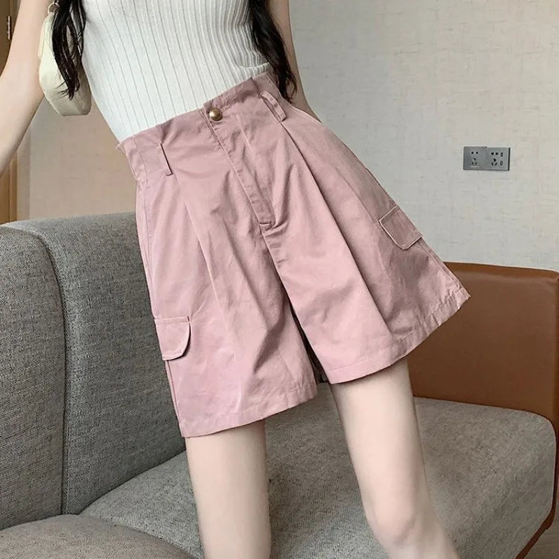 Wide Cargo Shorts for Women Pink Baggy High Waist Woman Short Pants Outfits Japanese 2000s Style Casual Design Streetwear Korean