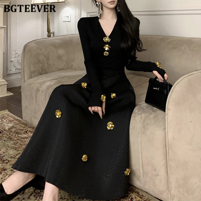 BGTEEVER Spring Elegant Ladies 2 Pieces Skirt Set Long Sleeve V-neck Pullovers & High Waist Loose A-line Skirts Women Outfits