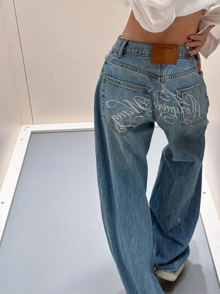 Letter Hot Diamonds High Waited Jeans Woman Street Fashion Baggy Jeans Women Clothing Casual Versatile Pants Women
