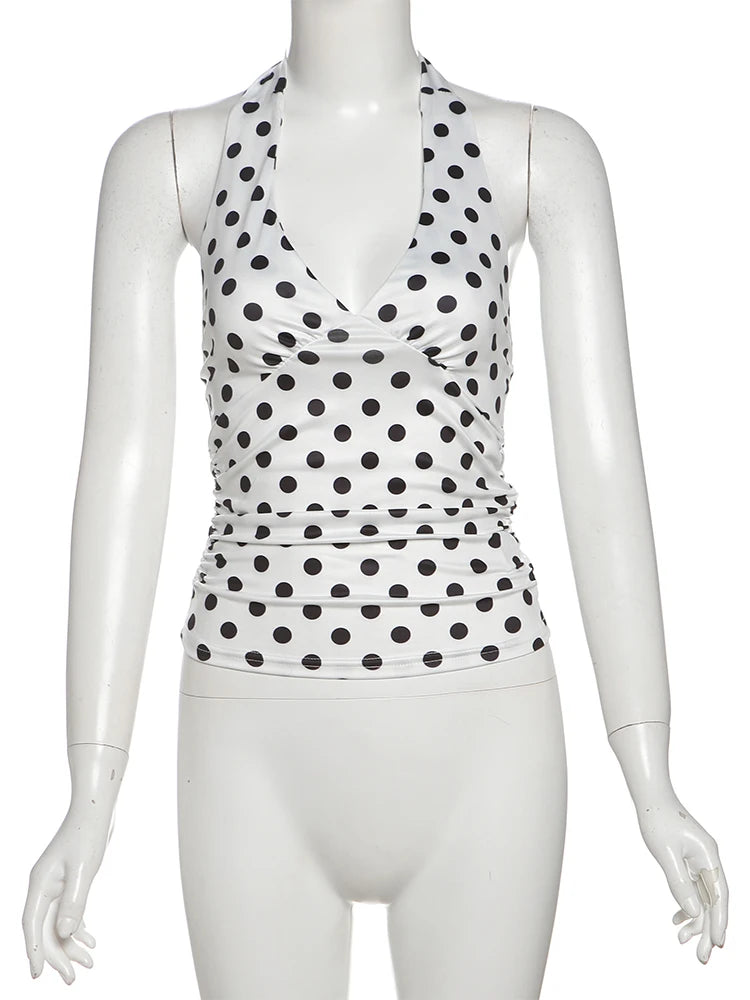 weird Puss Polka Dot Print Vest Women Y2K Lace-Up Backless Halter v-Neck Skinny Summer Trend Daily  Street Basic Chic Tank Tops