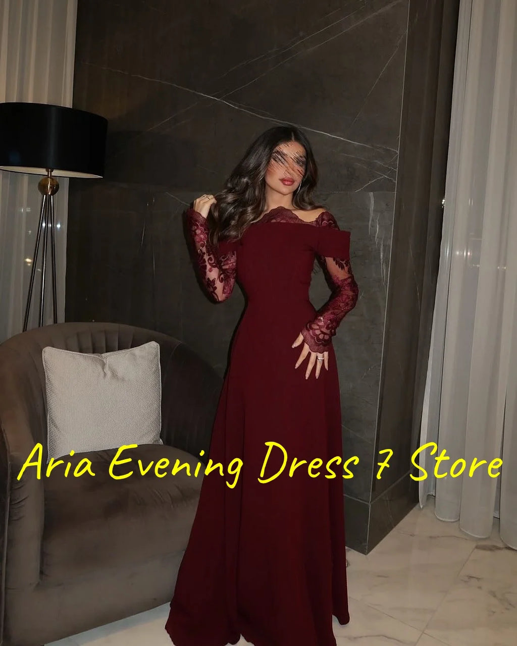 Customized Exquisite Jersey Off the Shoulder Lace Evening Dresses Delicate Long Sleeves Party Dress Custom Made Cocktail Dress