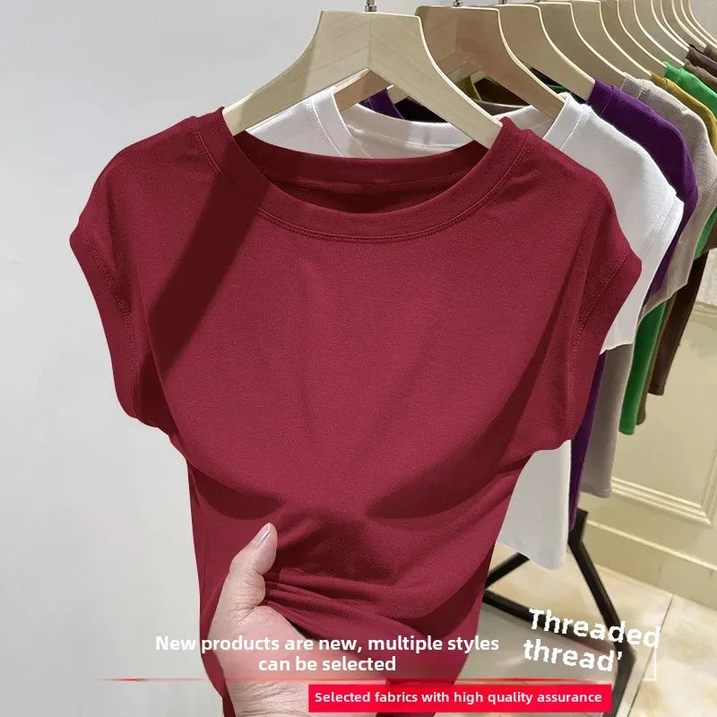 Short Sleeve Ice Silk T-Shirt Women's Loose Fashionable Youthful Small Flying Sleeve Top Knitted Crew Neck Other Pattern Types