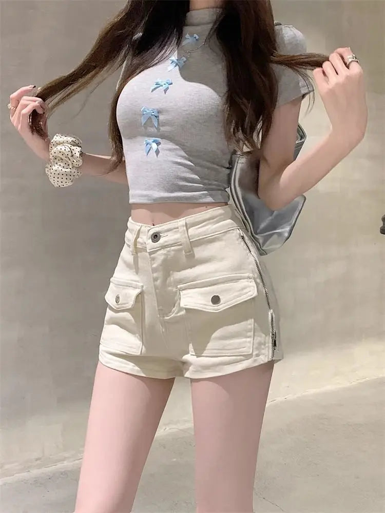 Sexy Hottie Slim Denim Shorts Women Summer Simplicity Office Lady Solid Color Cargo Fashion High Waist Appear Thin Wide Leg
