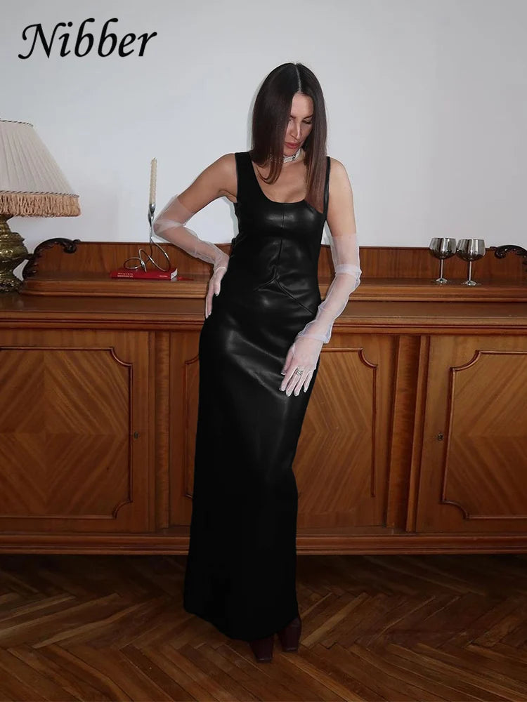 Nibber Vintage Elegant Dress Women Summer Leather Classic Sleeveless Slits Basic Simple Trend Solid Stretch Party Long Bodycon