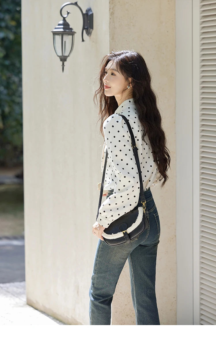 MISHOW Wave Point Long Sleeve Brushed Blouse Rabbit Ear Collar 2024 Winter Women Clothes Temperament Thickened Shirts MXD56X1697