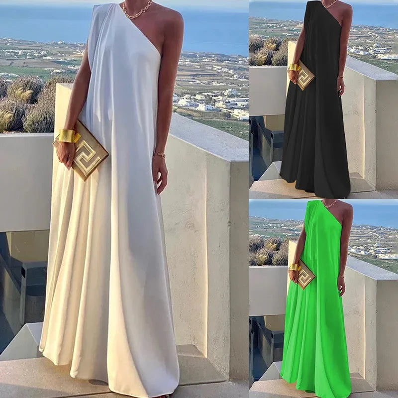 2024 Spring New Women's Fashion One Shoulder Solid Color Sleeveless Banquet Gown Long Dress Vestidos De Mujer