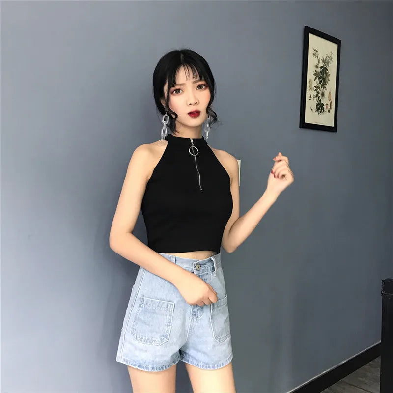 Retro Zipper Crop Tops Women Short Knitted Camisole Sleeveless Leisure Tank Top Camis Summer 2022 New