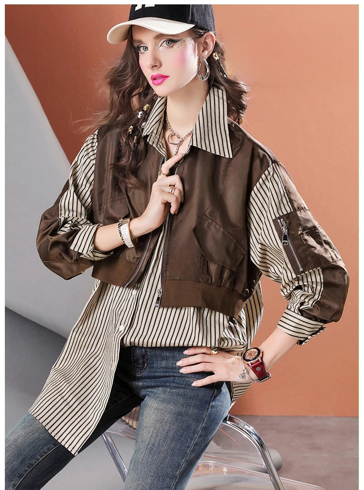 High Quality Loose Fake Two Piece Mid-Length Women's Casual Striped Shirt