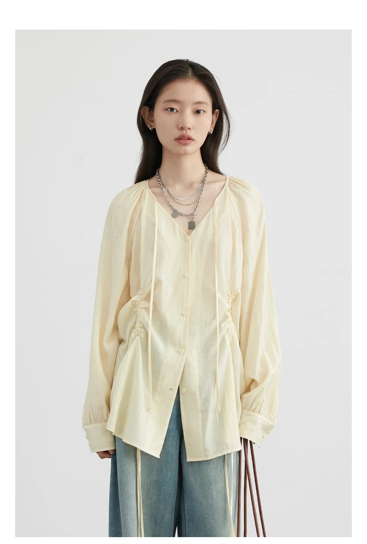 CHIC VEN Women Loose Lace Up Shirt Solid New Korean V-neck Pleated Raglan Long Sleeved Blouses Female Tops Spring Summer 2025
